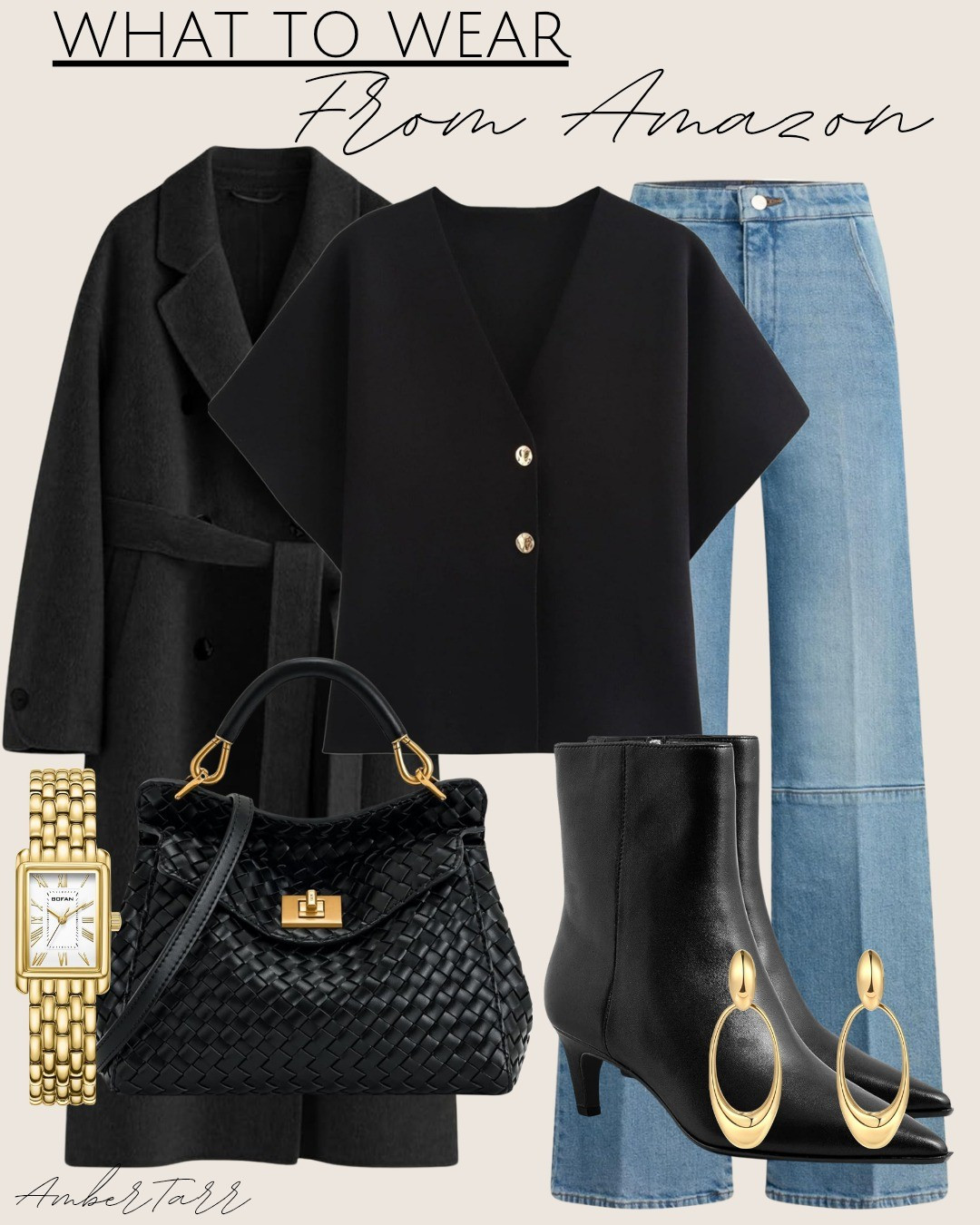 Effortlessly elevated layers with this structured black wrap coat, a minimal boxy button-front top, and classic straight-leg denim. Styled with sleek black ankle boots, a woven top-handle bag, bold gold oval hoops, and a timeless gold watch — perfect for affordable Amazon outfit ideas, chic everyday looks, and polished neutral wardrobe staples. 

#LTKOver40 #LTKgrwm #LTKmomlife