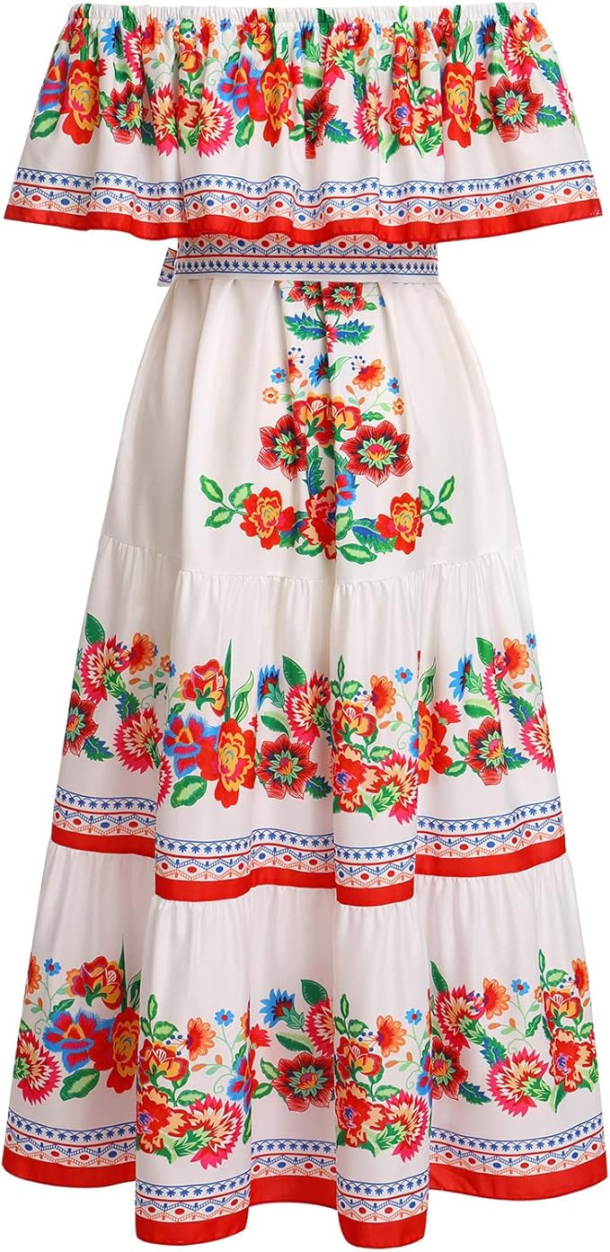 Women Mexican Dress Summer Floral Print Traditional Ethnic Wear Off Shoulder Beach Holiday Party ... | Amazon (US)