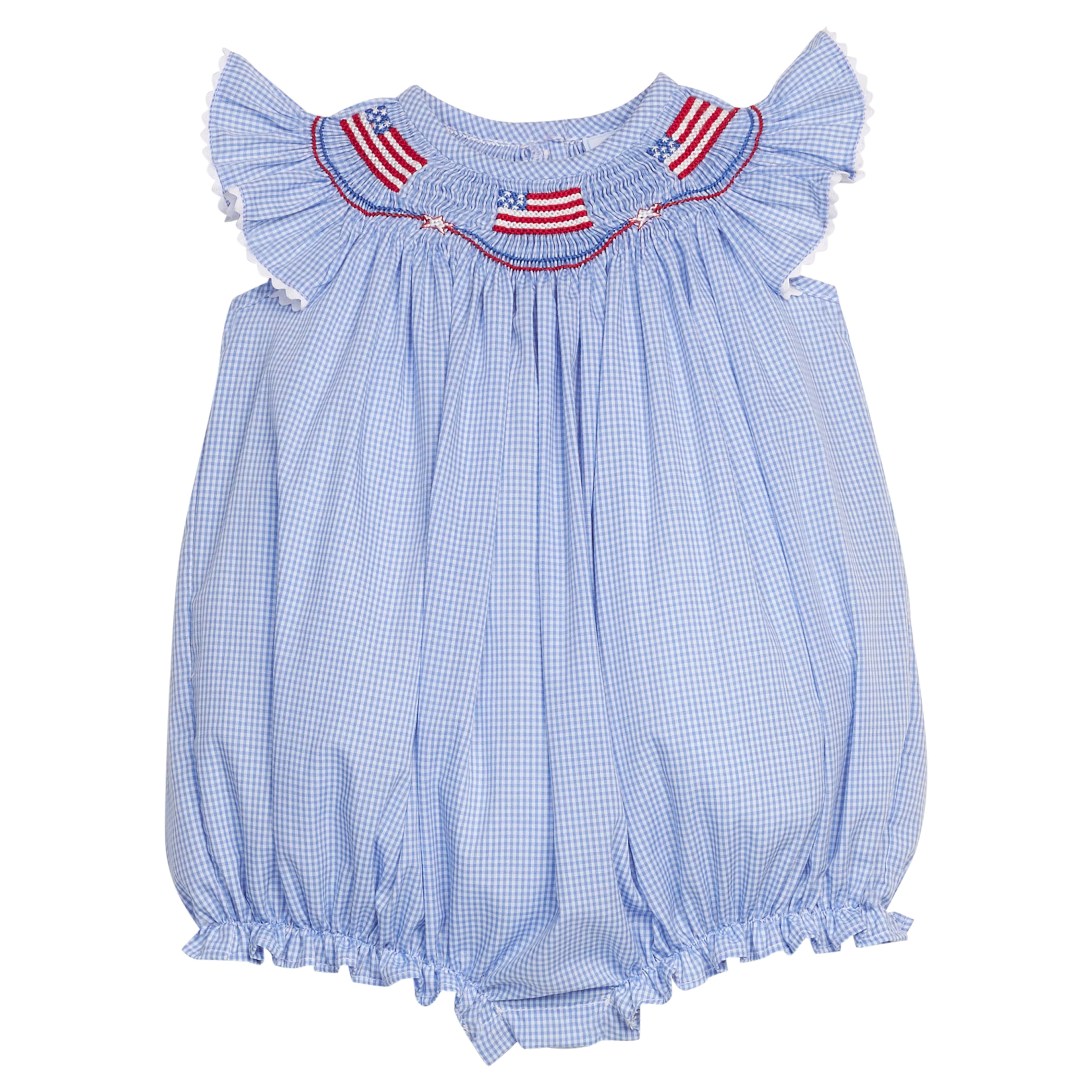 Smocked American Flag Bishop Bubble - Royal Gingham Baby Girl | Little English