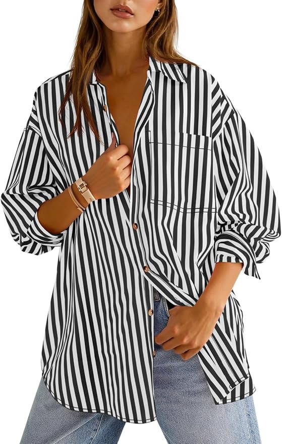 Cicy Bell Womens Oversized Striped Button Down Shirts Boyfriend Long Sleeve Collared Work Blouses | Amazon (US)