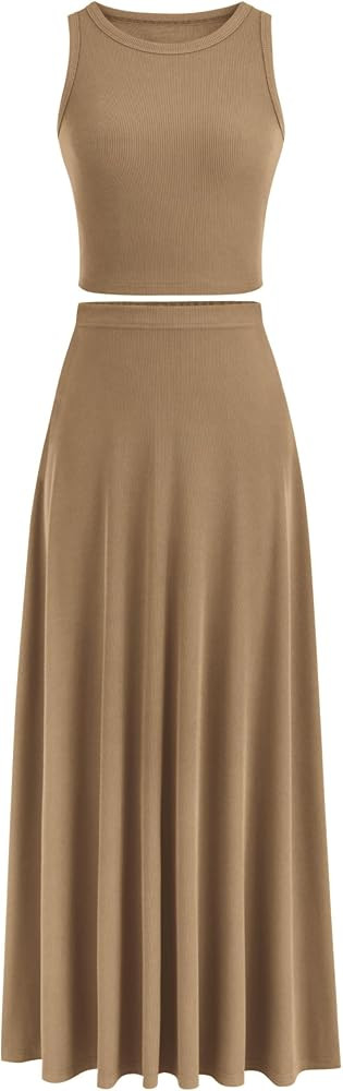 PRETTYGARDEN Womens 2 Piece Casual Summer Knit Cropped Tank Top High Waisted Long Skirt Outfits | Amazon (US)