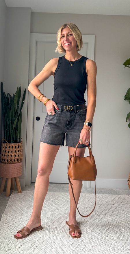 Simple, elevated summer outfit with this super soft cotton ribbed tank, black denim shorts + brown accessories! 

wearing small tank + 28 in shorts 

#LTKover40 #LTKxMadewell #LTKfindsunder100