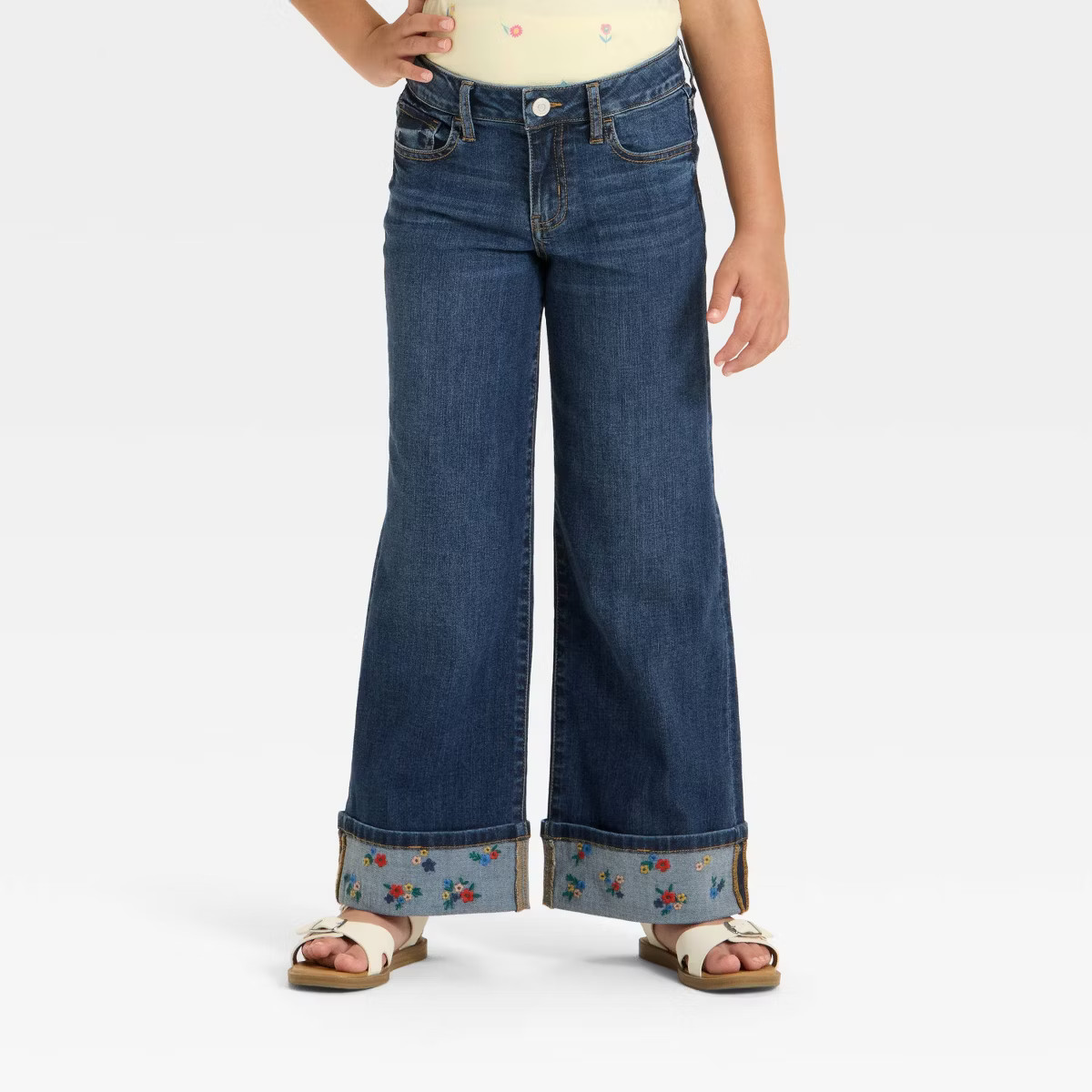 Girls' Mid-Rise Floral Embroidered Cuff Wide Leg Jeans - Cat & Jack™ Dark Wash 7 | Target