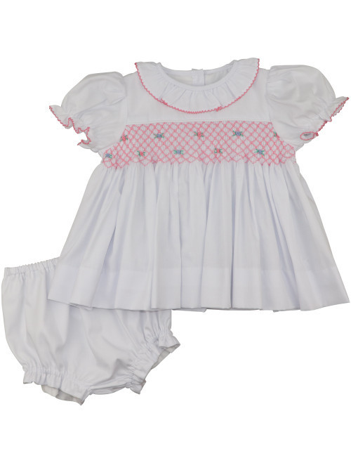 White Pique Smocked Rosebud Diaper Set - Shipping Early April | Cecil and Lou