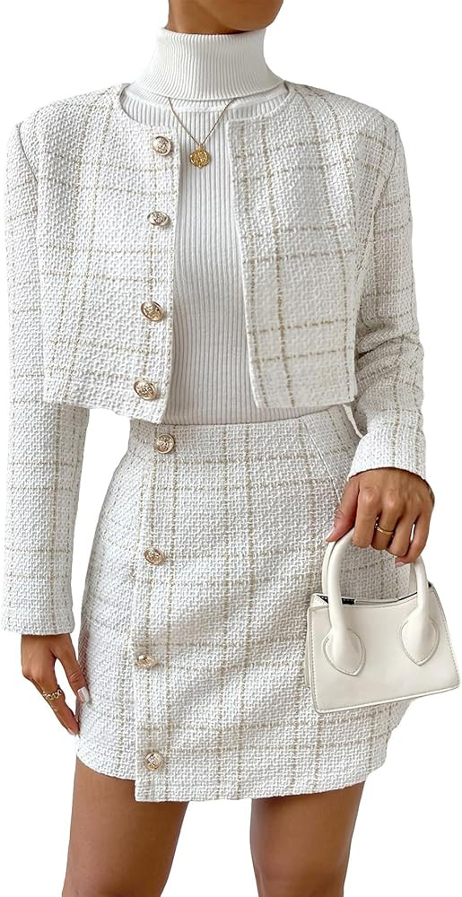 Verdusa Women's 2 Piece Outfie Long Sleeve Plaid Print Crop Tweed Jacket and Button Front Skirt S... | Amazon (US)