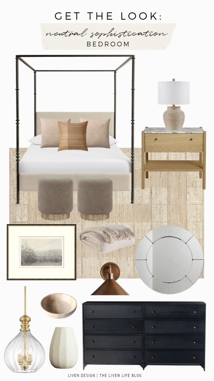 Neutral sophisticated bedroom. Home decor. Living room decor. Interior design. Woven textured neutral rug. Canopy bed. Side table. Marble nightstand. Brass shade wall sconce. Black dresser. Ceramic vase. Glass pendant chandelier. Textured pillows. Modern traditional. Accent mirror. Landscape sketch art. Ceramic beige lamp. Pouf. Round accent stool. 

#LTKSeasonal #LTKHome #LTKSaleAlert