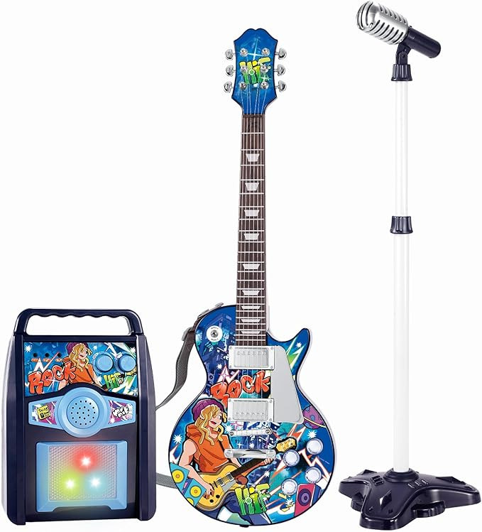 deAO Kids Electric Musical Guitar Play Set,Adjustable Height Microphone,Amplifier Set with Stand,... | Amazon (US)