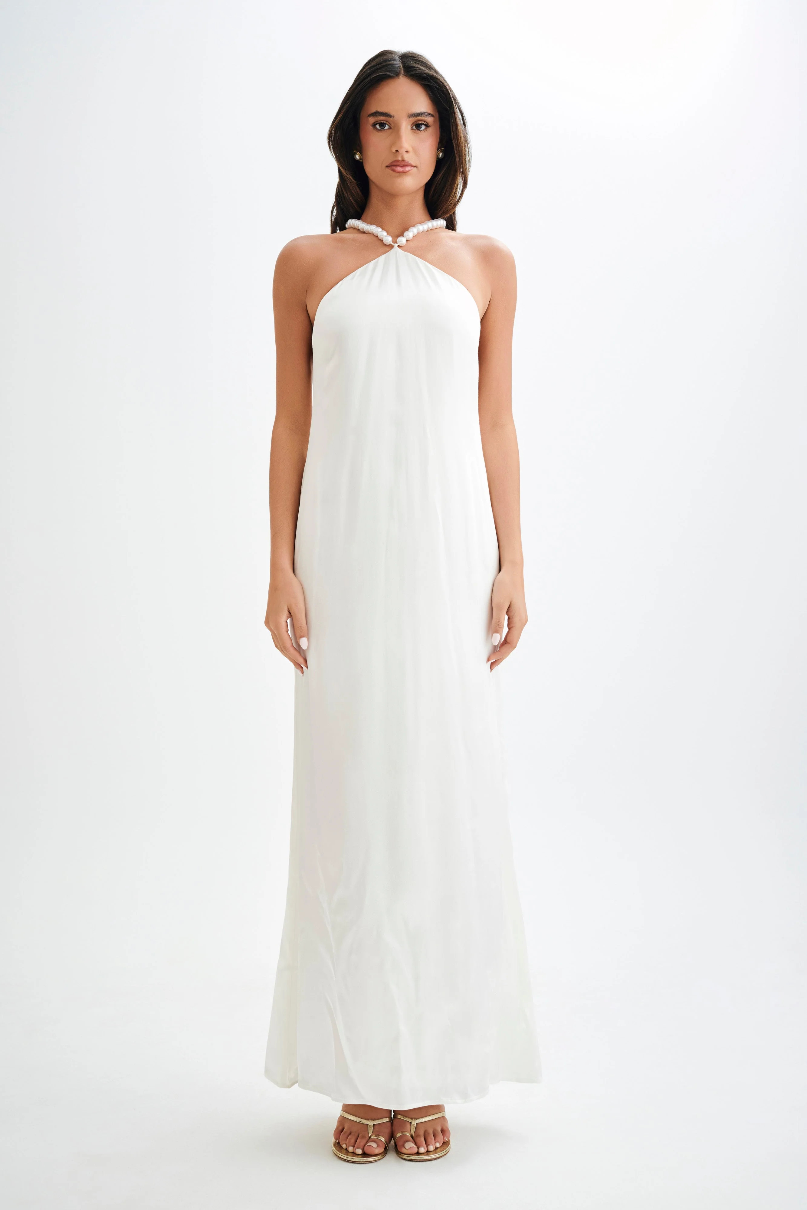 Blanche Satin Pearl Halter Maxi Dress - White | MESHKI US