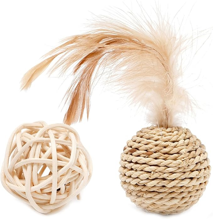 Cute Small Rattan-Ball Cat Toy Built-in-Bell Feather Cute Playing Training Toy For Cat Kitten Pup... | Amazon (US)