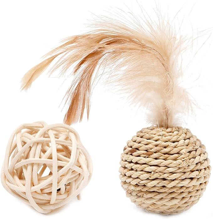 LIANXUE 2pcs/Lots Built-in-Bell Rattan-Ball Toy Cat Cute Playing Toy Straw Weaving Rattan-Ball In... | Amazon (US)