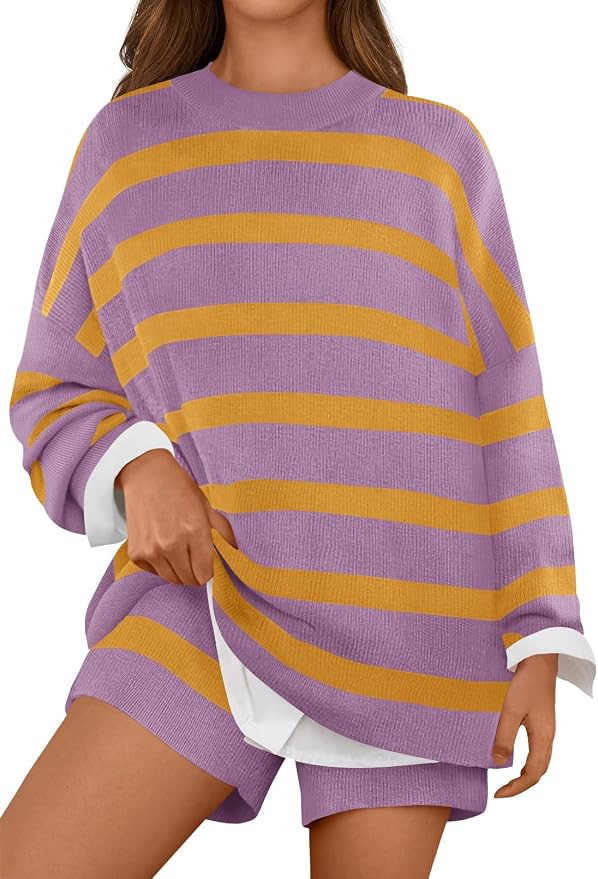 MEROKEETY Women's 2 Piece Sweater Lounge Sets Striped Long Sleeve Shorts Oversized Matching Outfi... | Amazon (US)