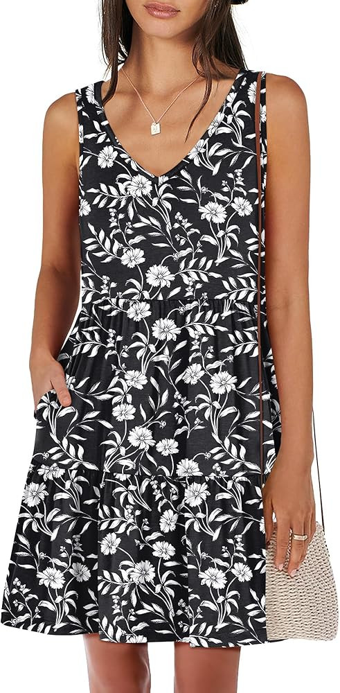 ANRABESS Womens Summer Casual Tank Dress Sleeveless V Neck T Shirt Sundress Flowy Tiered Swing Mi... | Amazon (US)