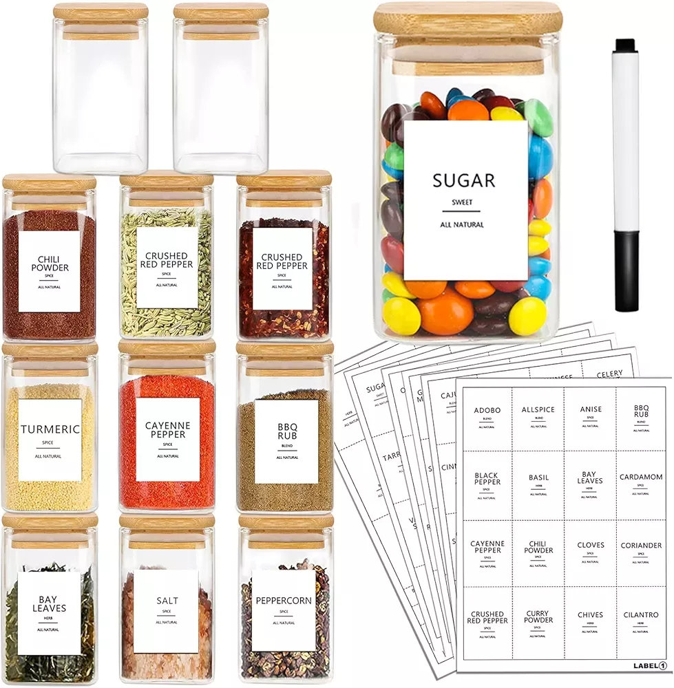 12Pcs Glass Spice Jars with Labels - Square Spice Bottles