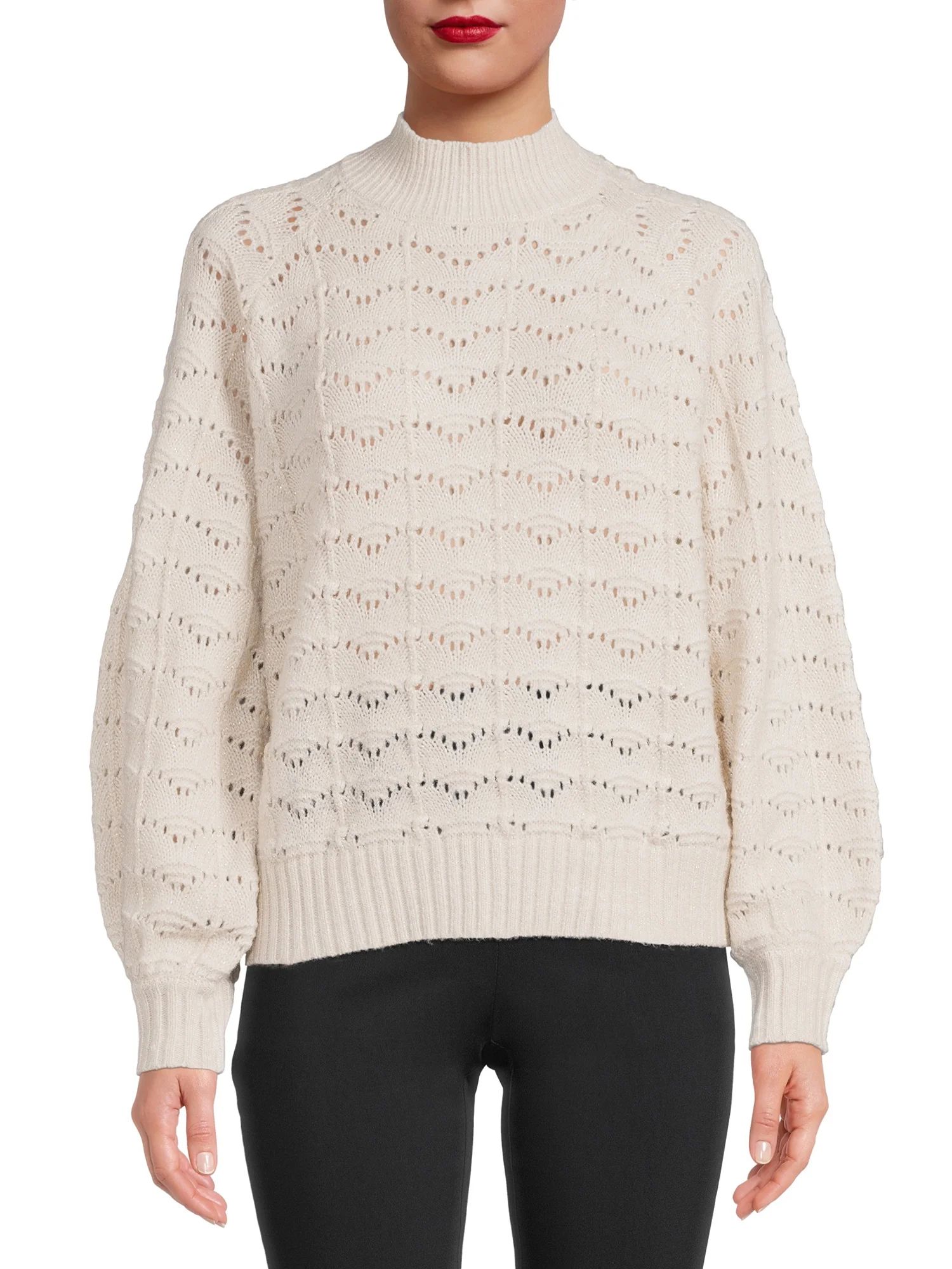 Time and Tru Women's Pointelle Lurex Crew Neck Sweater - Walmart.com | Walmart (US)