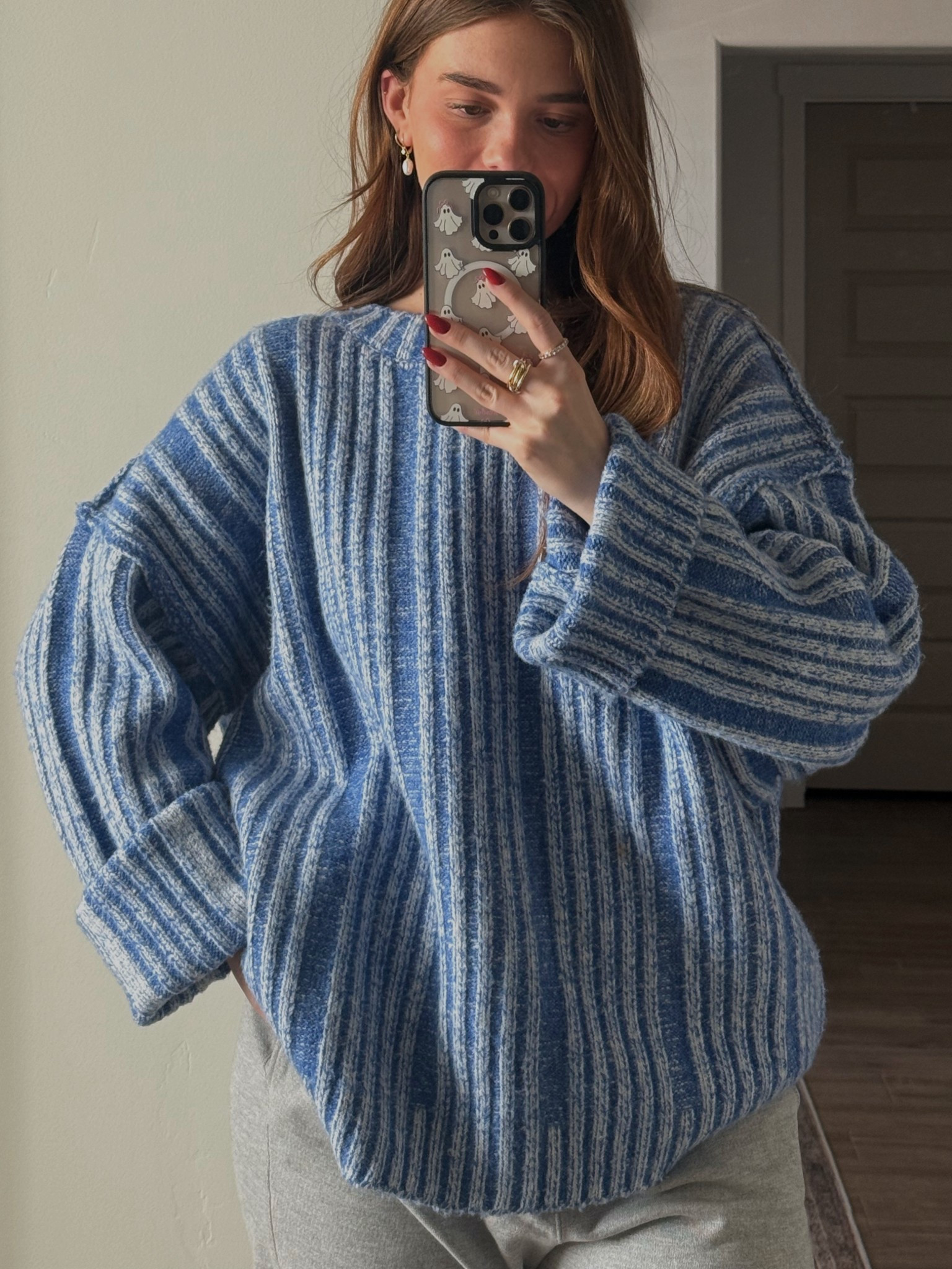 blue textured striped sweater