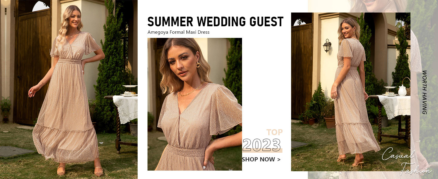 Amegoya Women's Summer Wedding Guest Maxi Glitter Dress Wrap V Neck Flutter Sleeve Sqarkly Sequin... | Amazon (US)