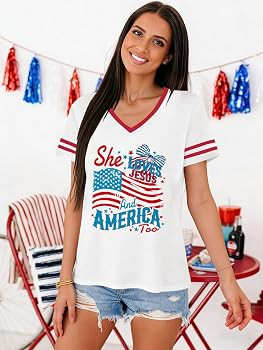 4th of July Shirts Women V Neck Patriotic T-Shirt American Flag Stars Graphic Short Sleeve Tee To... | Amazon (US)