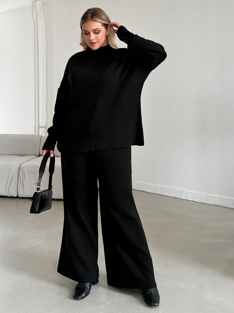 EURMUSE Plus Size Solid Color Stand Collar Sweater And Knitted Pants 2pcs/Set, For Winter | SHEIN