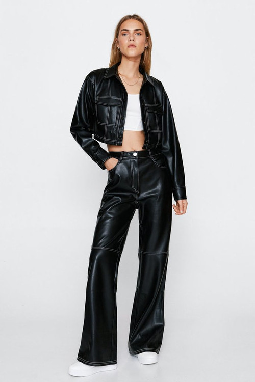 Faux leather Contrast Stitch Wide Leg Pants | Nasty Gal (US)