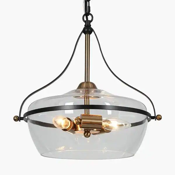Zelena Modern Farmhouse 3-Light Black Gold Chandelier Glass Pendant Light for Dining Room - Black... | Bed Bath & Beyond