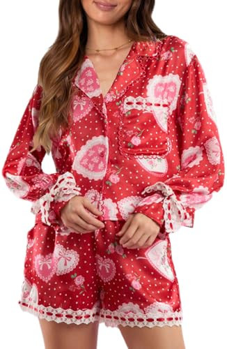 Women Galentine's Day Silk Pajamas 2 Piece Heart Floral Pjs Satin Bow Tie Long Sleeve Button Down Pajama Lounge Ruffle Shorts Set | Amazon (US)