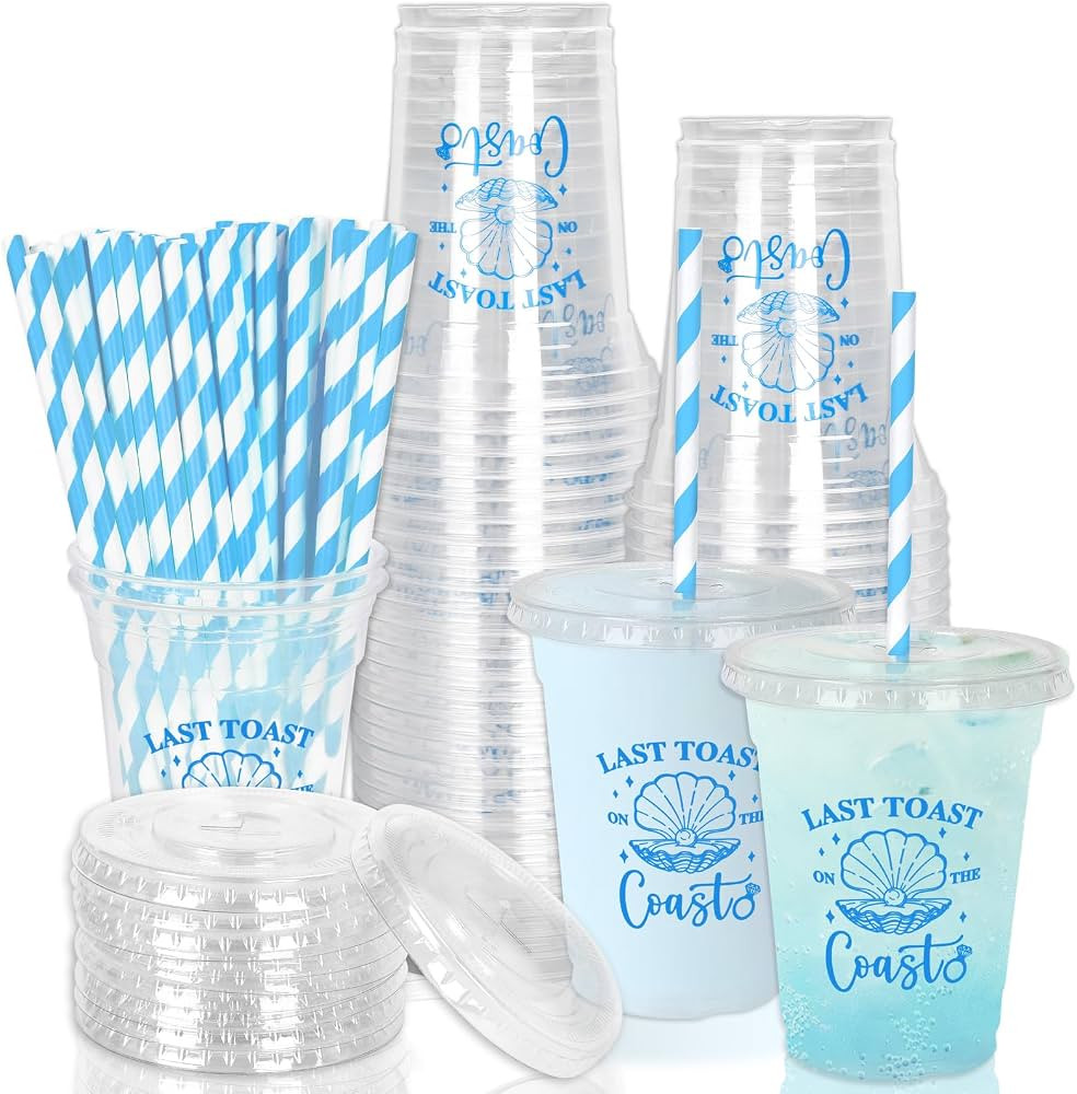 Whaline 50Pcs 12Oz Last Toast on The Coast Disposable Plastic Cups with Lids and Straws Blue Coas... | Amazon (US)