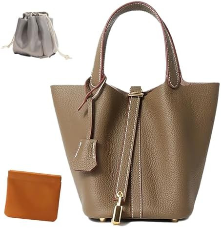 Genuine Leather Lock Design Bucket Bag Vegetable Basket, Fashionable and Versatile Satchel Handba... | Amazon (US)