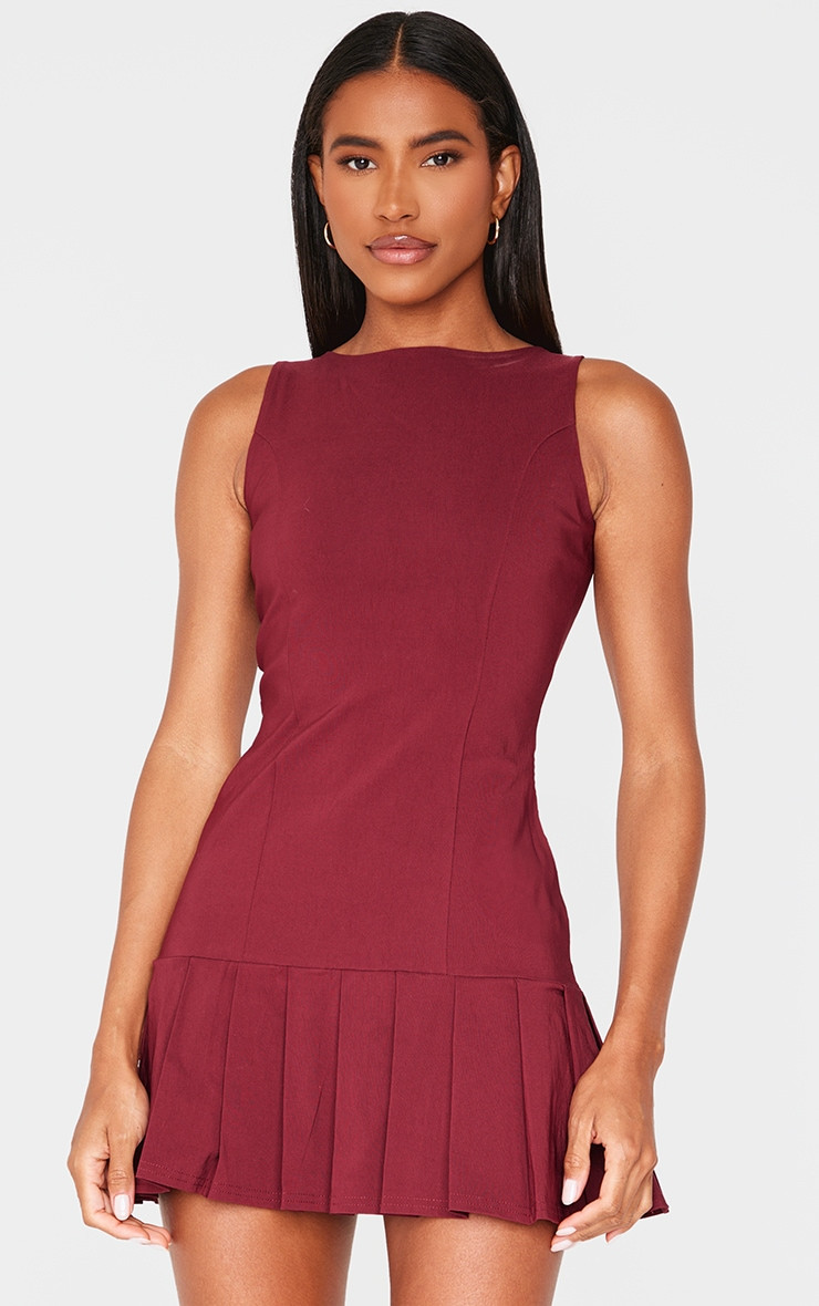 Burgundy Stretch Woven Frill Hem Shift Dress | PrettyLittleThing US
