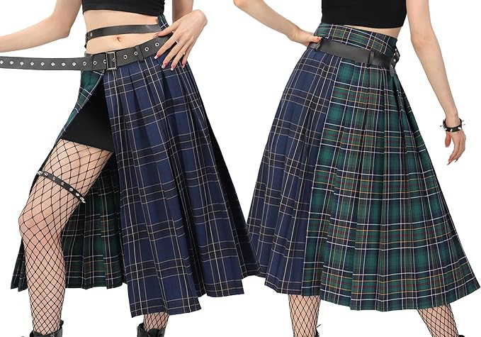 DAZCOS Plaid Slit Thigh Maxi US Size Low Waist Pleated Midi Skirt with Belt for Women | Amazon (US)