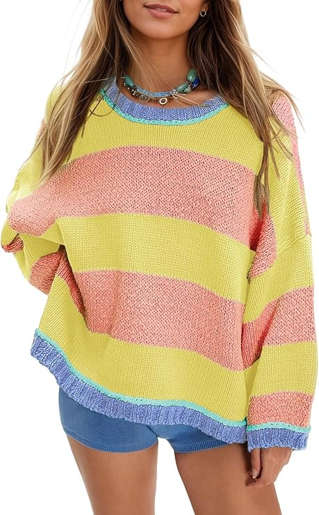 Women's Chunky Knit Striped Sweaters Casual Long Sleeve Crew Neck Oversized Pullover Sweater Wint... | Amazon (US)