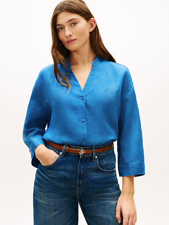 Relaxed Fit Pure Linen Half Sleeve Shirt | Blue | Tommy Hilfiger | Tommy Hilfiger UK
