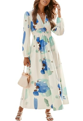 Sissyaki Women's Long Sleeve Boho Floral Maxi Dress Smocked Beach Flowy Dress | Amazon (US)