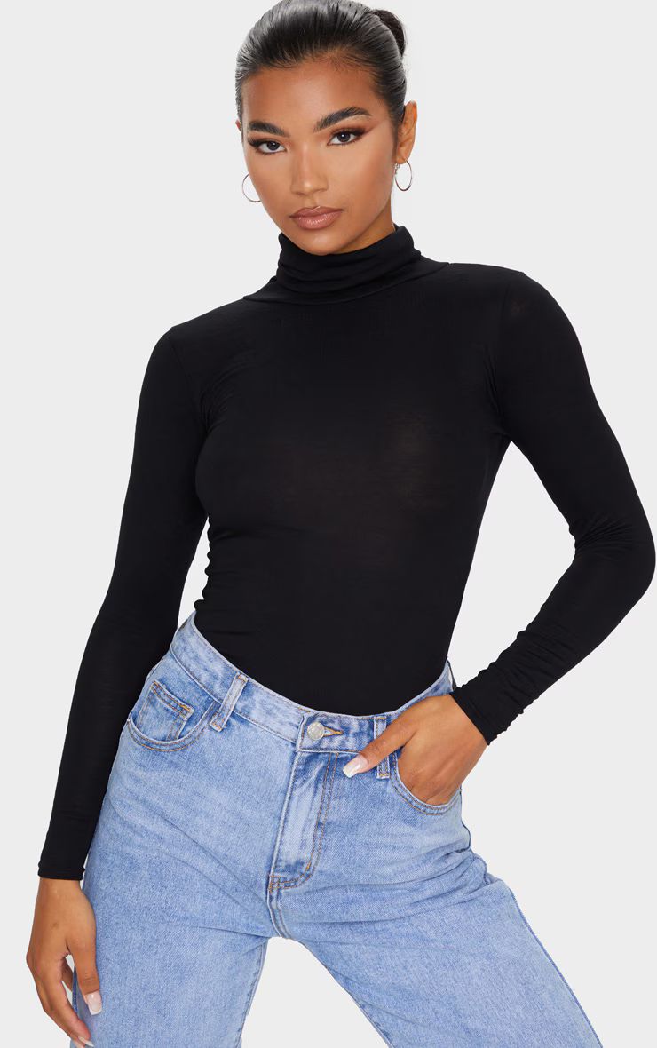 Basic Black Cotton Blend Roll Neck Bodysuit | PrettyLittleThing UK