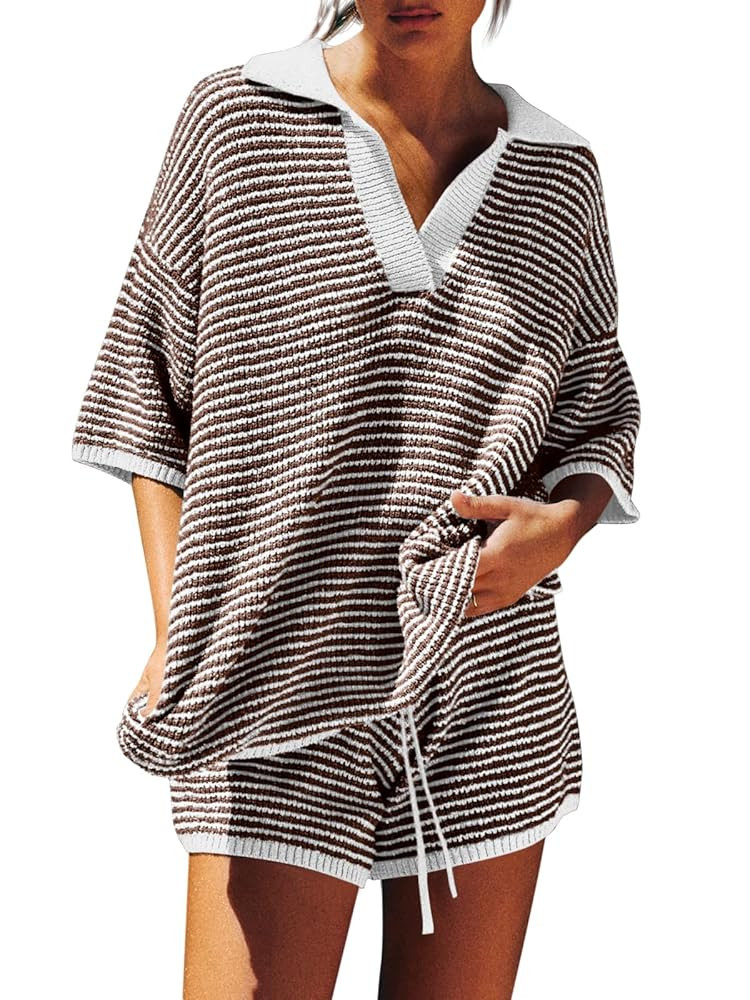 Tankaneo Womens Sweater Set 2 Piece Outfits Oversized 3/4 Sleeve V Neck Knit Tops High Waisted Sh... | Amazon (US)