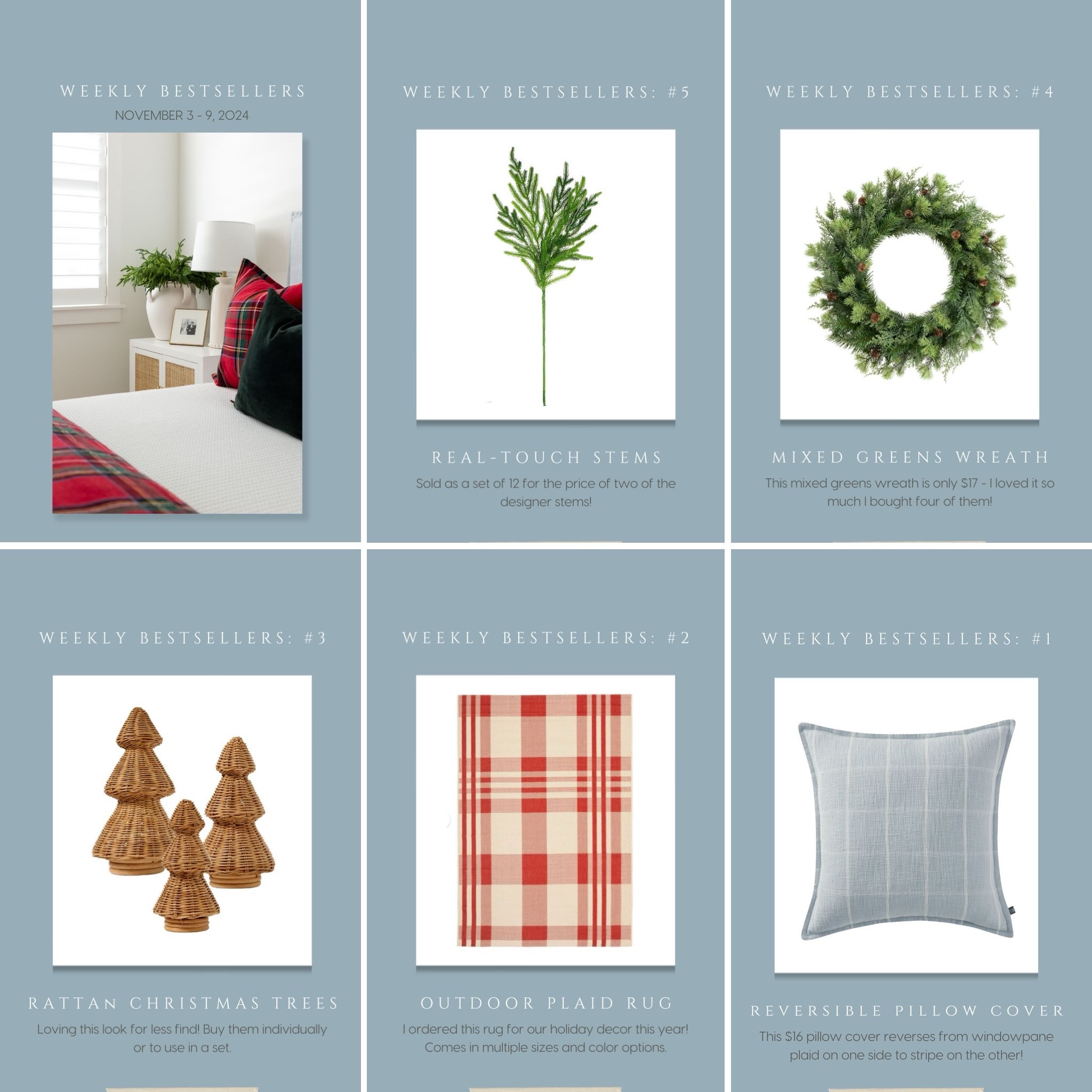 This week’s bestsellers include a great look for less Norfolk pine stem set, this $16 Christmas wreath, rattan Christmas trees, a red outdoor plaid rug, and the cutest reversible throw pillow covers! #ltkhome #ltkholiday #ltkseasonal #ltkfindsunder50 #ltkfindsunder100 #ltkstyletip

#LTKFindsUnder50 #LTKHome #LTKHoliday