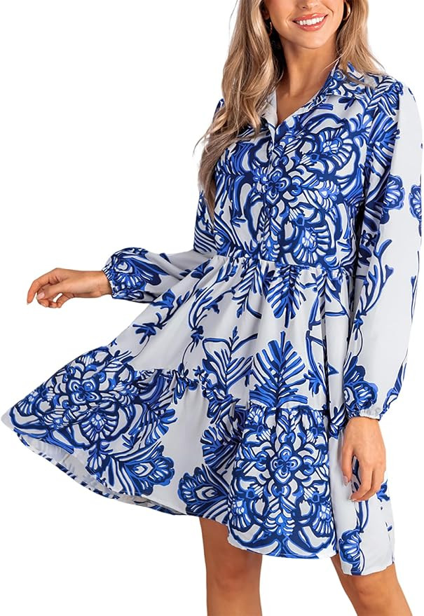 CUPSHE Women's 2025 Fall Dress Long Sleeve V Neck Button Floral Tunic Ruffled Casual Flowy Mini S... | Amazon (US)