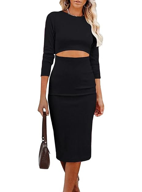 SHANZHEN Lady Four Seasons Round Neck Ribbed Slim Dress Tight Body Long Short Sleeve Hollow Dress... | Amazon (US)