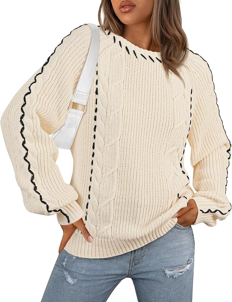 ECOWISH Oversized Sweaters for Women Fall Winter Cable Knit Chunky Color Block Tops Jumper Long S... | Amazon (US)