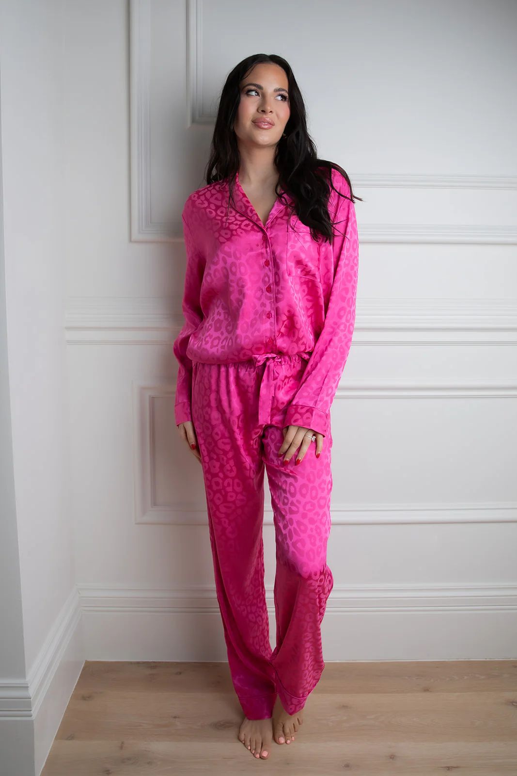 Satin Jacquard Cheetah Long Sleeve Pajama Set - Hot Pink | Rachel Parcell