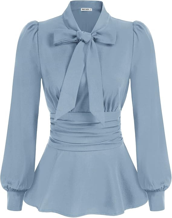 GRACE KARIN Women's 2025 Long Sleeve Peplum Dressy Shirt Office Bow Tie Work Blouses Tops Smocked... | Amazon (US)