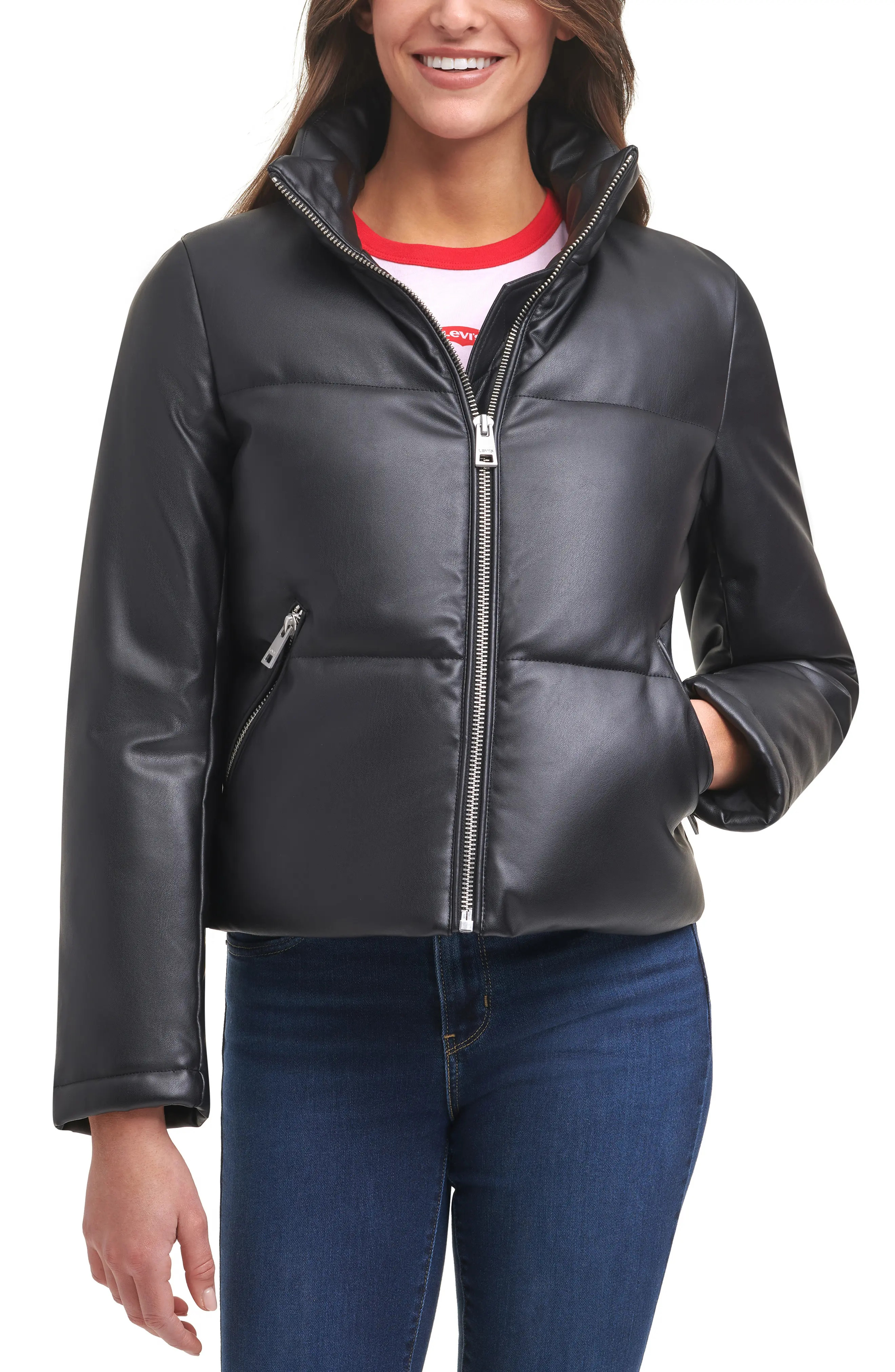 levi's PU 307 Faux Leather Puffer Jacket, Size Medium in Black at Nordstrom | Nordstrom
