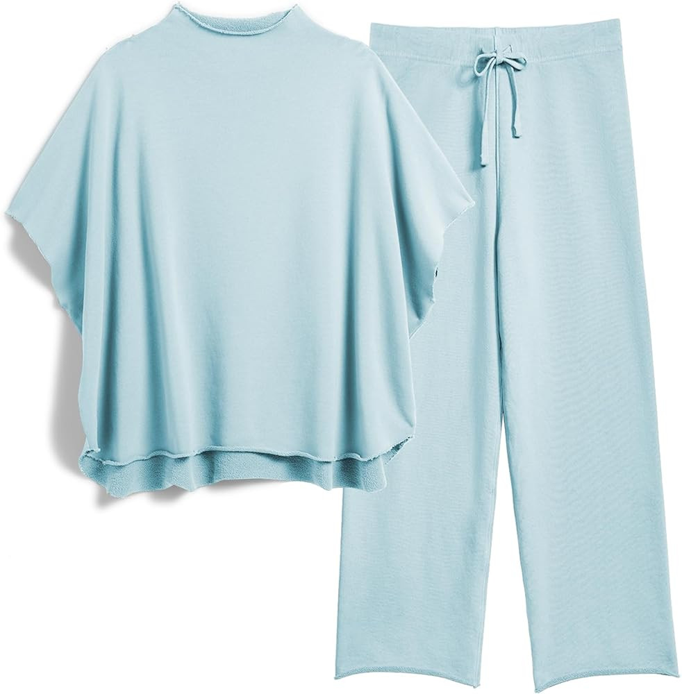Women's Two Piece Outfits 3/4 Batwing Sleeve Capelet Crew Neck Pullover Top Wide Leg Pants Lounge... | Amazon (US)