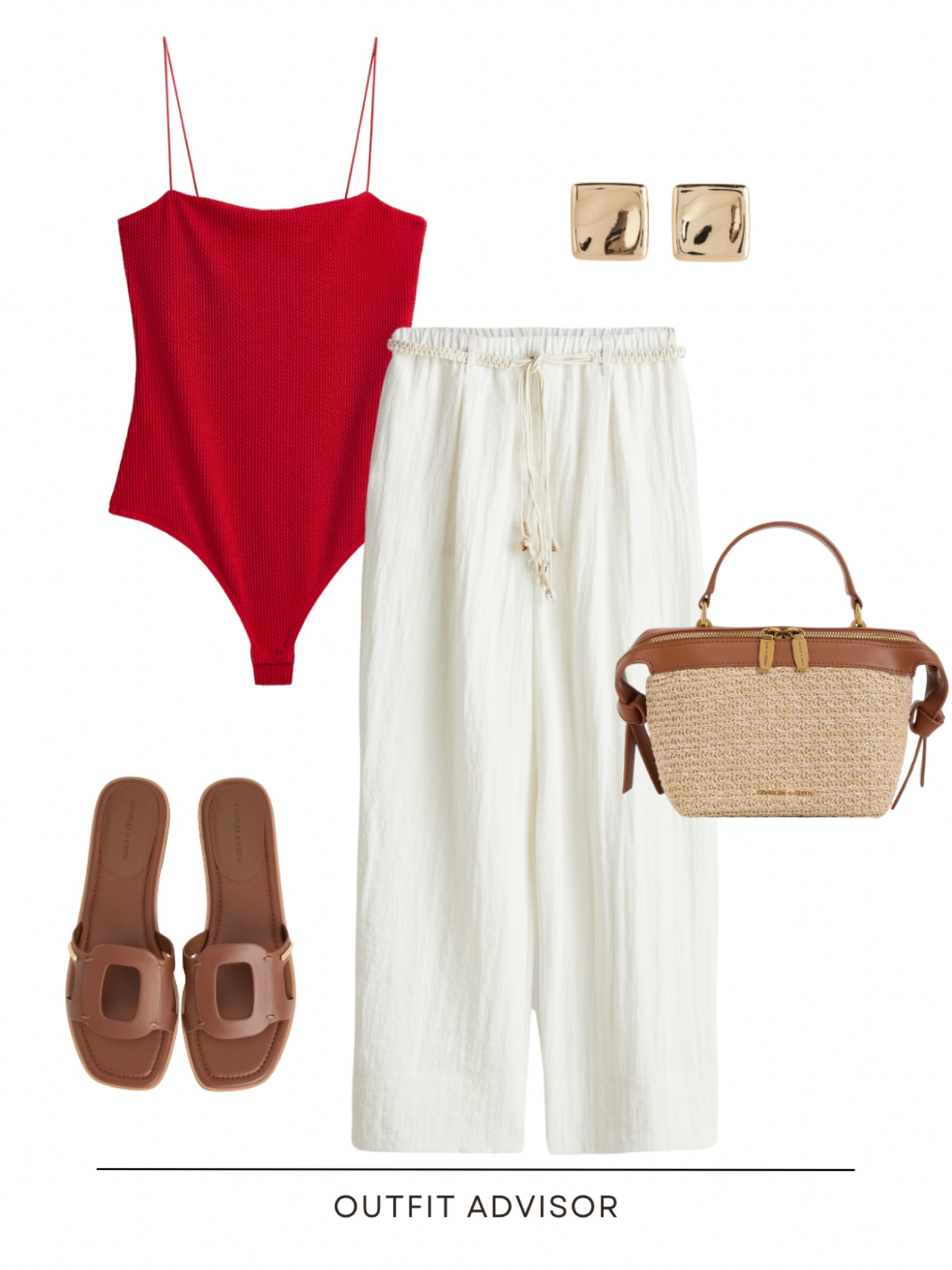 Chic summer outfit inspo: a red ribbed bodysuit, wide leg pants, brown slides, a charles & keith woven bag and square gold earrings 

#LTKSummerSale #LTKstyletip #LTKsummer