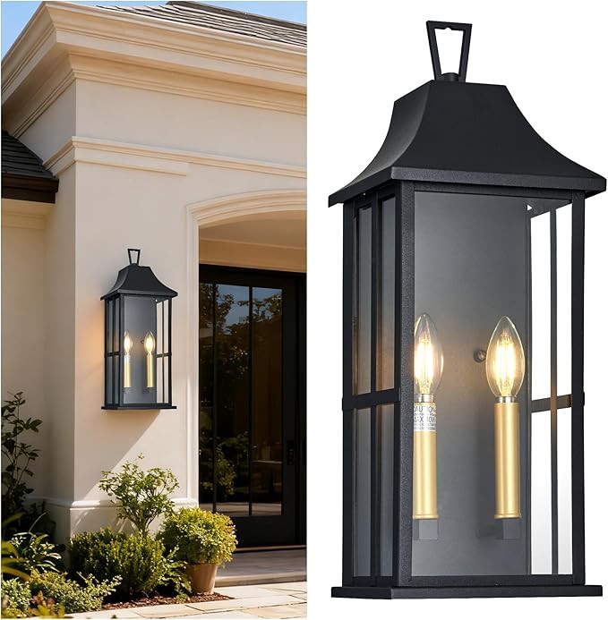 Outdoor Wall Sconce, 20.3" 2-Light in Black with Gold Rectangular Metal Frame and Clear Glass Sha... | Amazon (US)