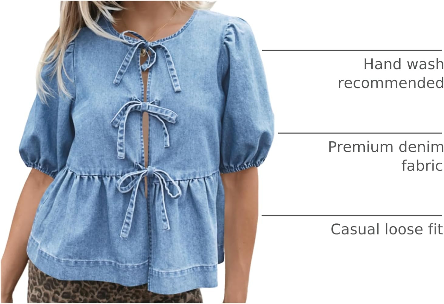 Tankaneo Womens Denim Tie Front Tops Babydoll Peplum Puff Sleeve Jean Shirts Crew Neck Summer Cas... | Amazon (US)