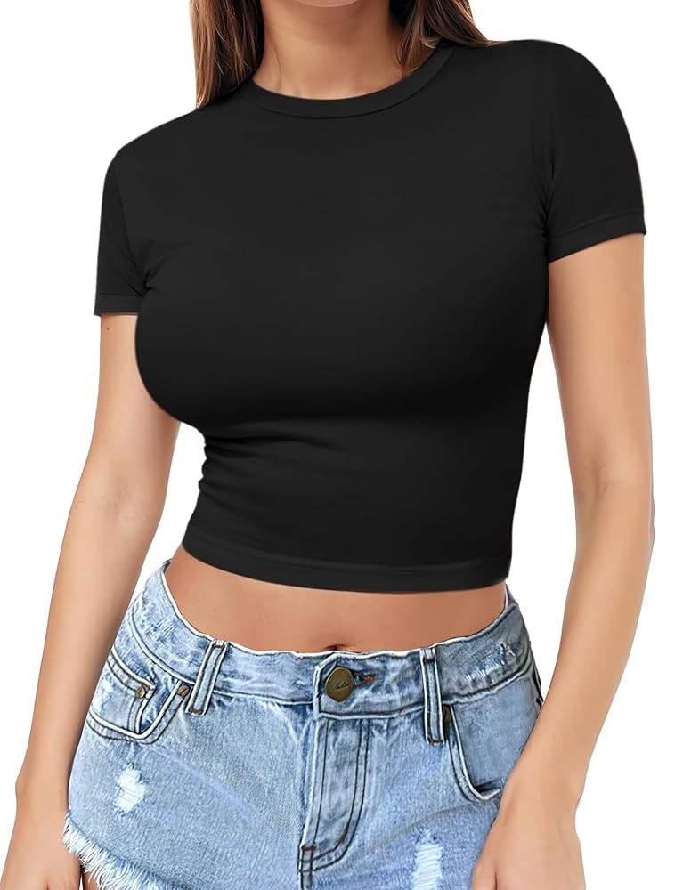 Womens Short Sleeve Crop Top Crew Neck Y2K Shirt Sexy Slim Fitted Casual Base Layer Soft Workout ... | Amazon (US)