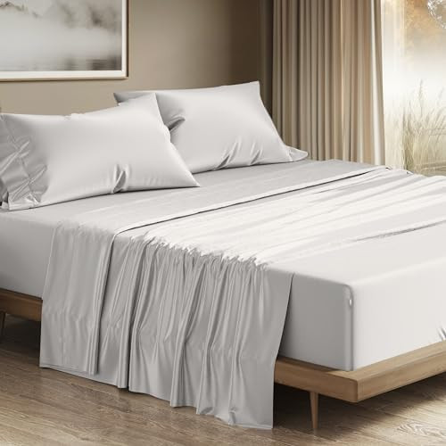 THREAD SPREAD 100% Egyptian Cotton King Size Sheets Set - Luxury 1200 Series Plush Collection Egyptian Cotton Sheets King Size (4 PC, Light Grey), Silky Soft, Cooling, 17" Deep Pocket Bed Set | Amazon (US)