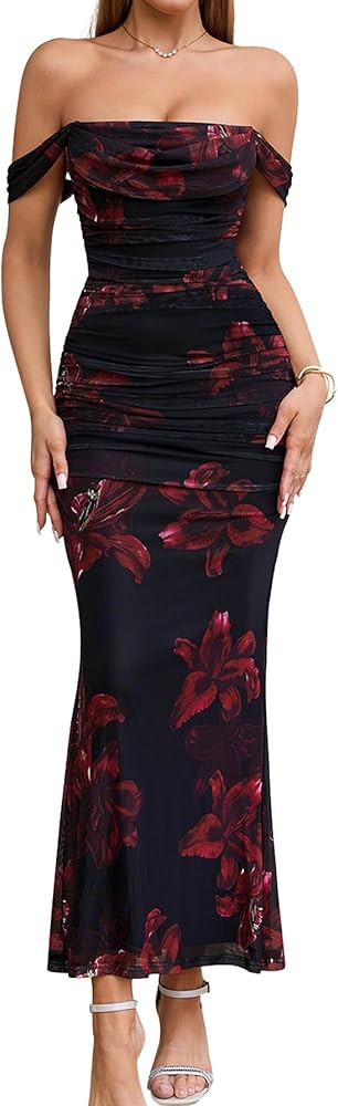 KUTUMAI Off The Shoulder Maxi Long Dress Corset Ruched Bodycon Formal Wedding Guest Dresses for W... | Amazon (US)