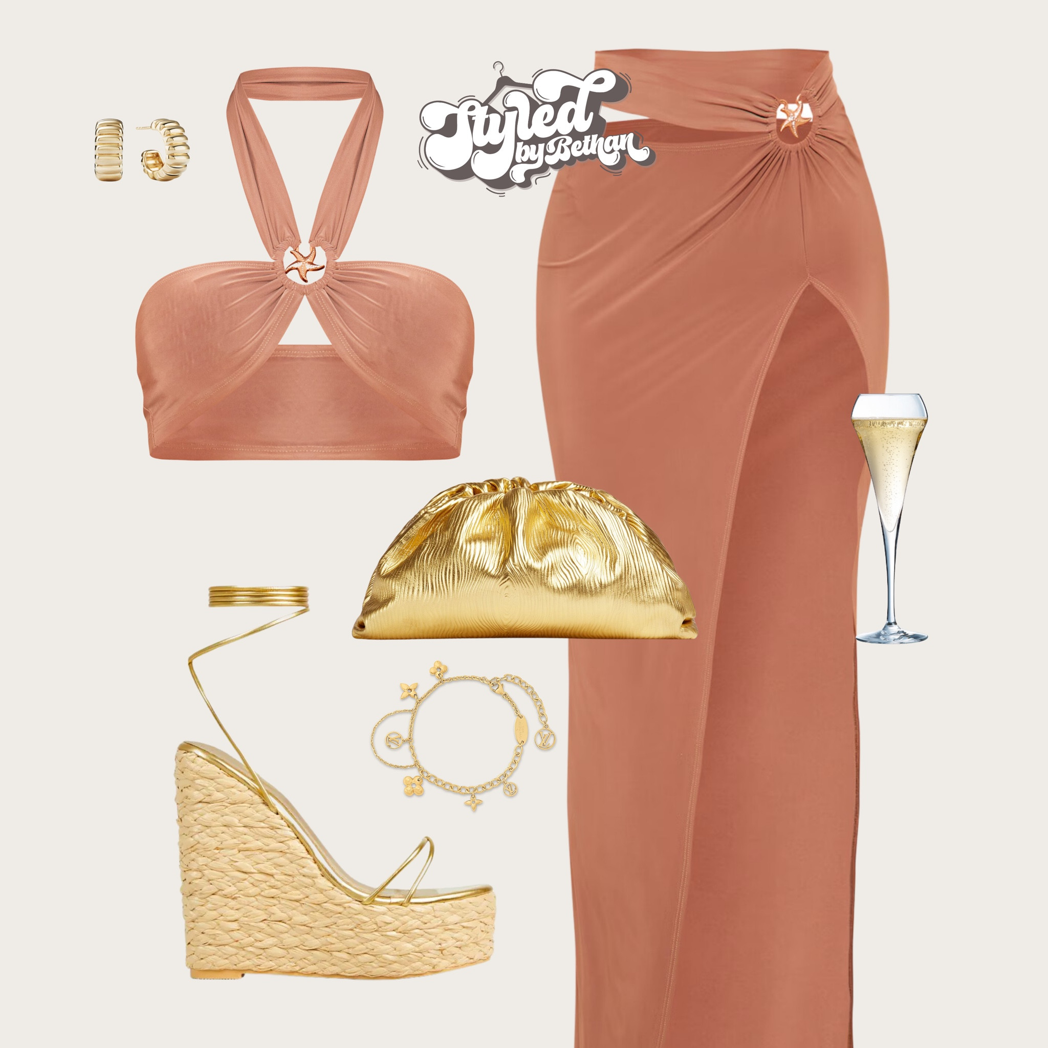 🌅🥂✨ tags: pretty little thing camel starfish detail co ord with side split maxi skirt and halterneck crop top, botegga gold bag, ego gold wedges. Mejuri gold hoop earrings, Louis Vuitton gold charm bracelet. 

#LTKshoes #LTKtravel #LTKsummer