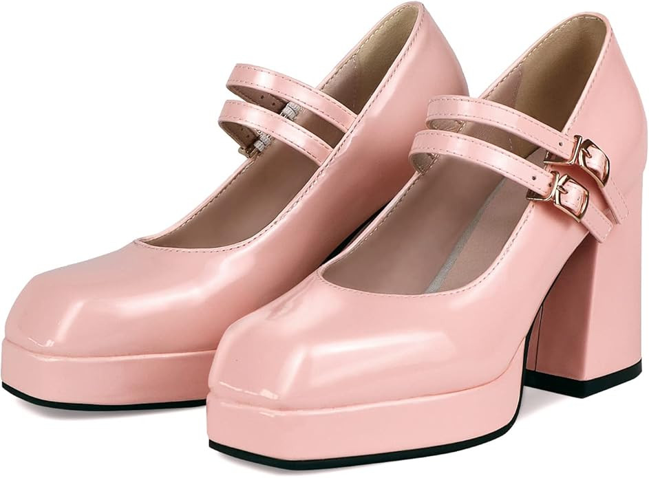 KaieeKeio Women Platform Mary Jane Shoes Block Heel Square Toe Ankle Strap Shoes Double Buckle Pu... | Amazon (US)